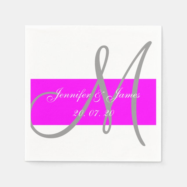 Fuchsia Gray Modern Wedding Paper Napkins (Front)