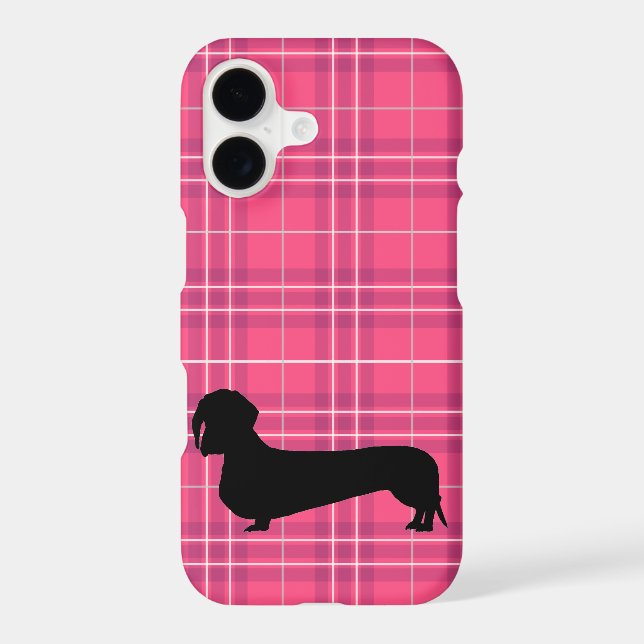 Fuchsia Gray Plaid Dachshund Pattern Preppy Iphone Case (Back)