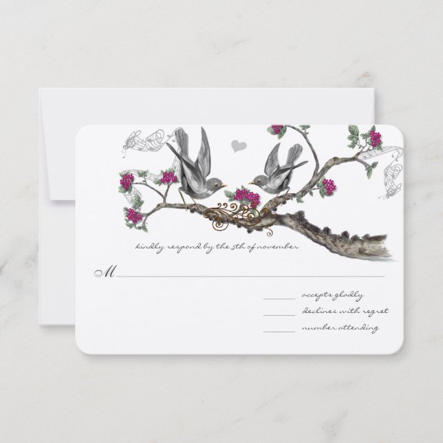 Fuchsia & Gray Vintage Birds Wedding Invitations (Front)