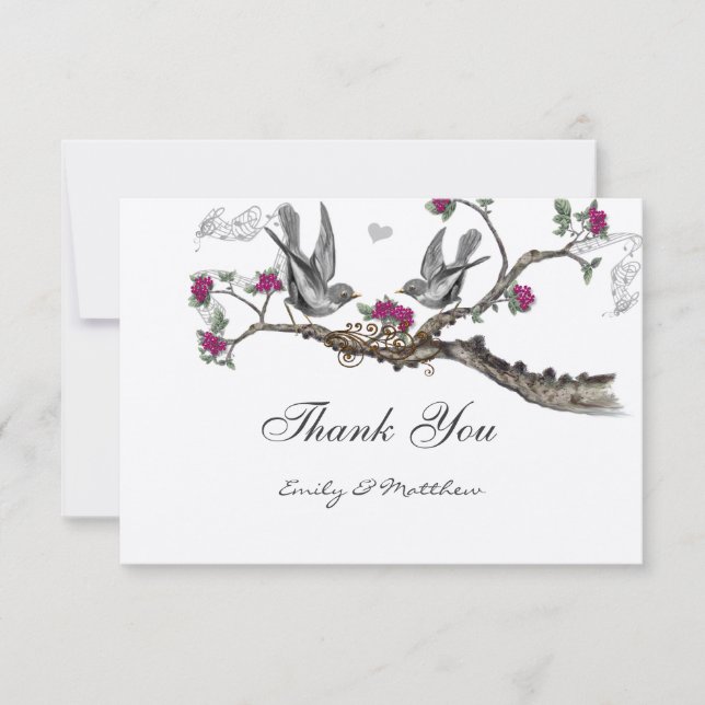 Fuchsia & Gray Vintage Birds Wedding Invitations (Front)