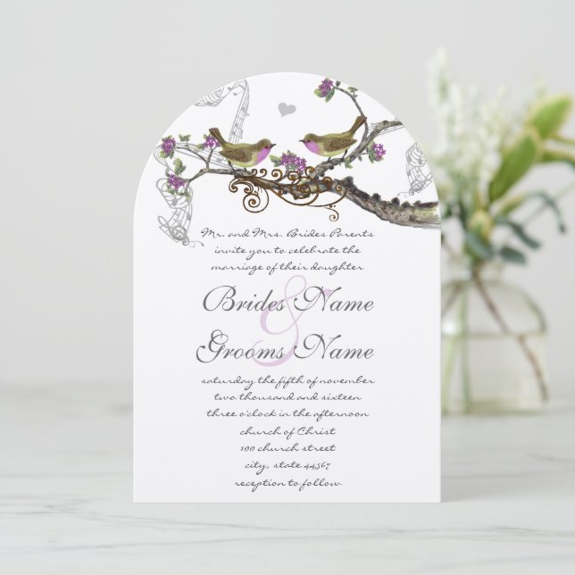 Fuchsia & Gray Vintage Birds Wedding Invite (Standing Front)