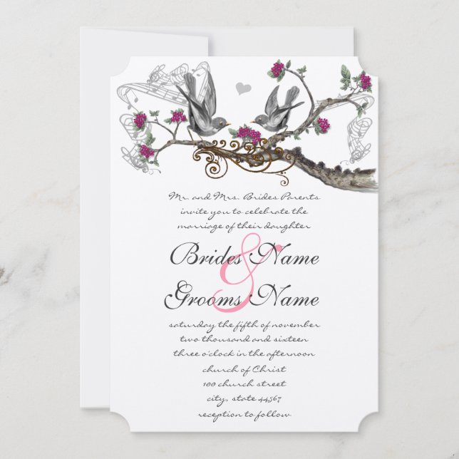 Fuchsia & Gray Vintage Birds Wedding Invite (Front)