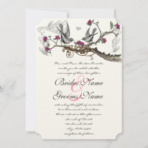 Fuchsia & Gray Vintage Birds Wedding Invite