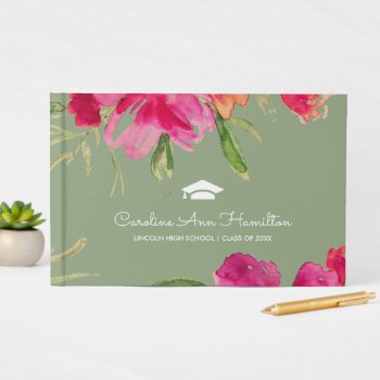 Fuchsia | Green Floral Graduation  Guest Book by artofmairin at Zazzle
