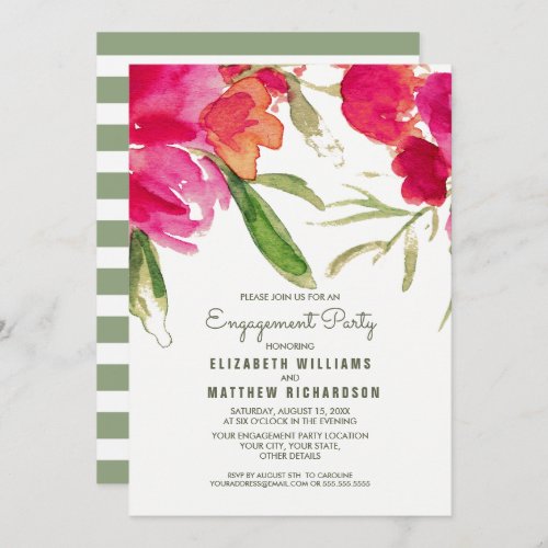 Fuchsia Green Floral Watercolor Engagement Party Invitation