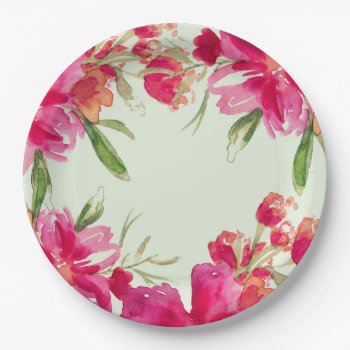 Fuchsia Green Floral Watercolor Party  Paper Plates by artofmairin at Zazzle