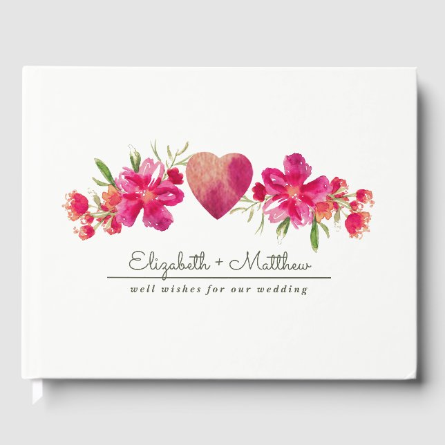 Fuchsia Green Floral Watercolor Wedding Guest Book (Front)
