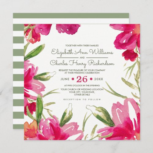 Fuchsia Green Floral Watercolor Wedding Invitation