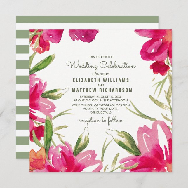 Fuchsia Green Floral Watercolor Wedding Invitation (Front/Back)