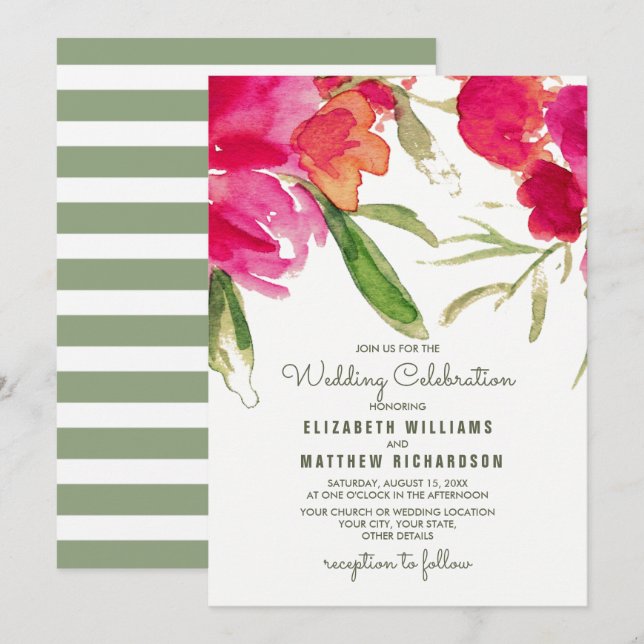 Fuchsia Green Floral Watercolor Wedding Invitation (Front/Back)