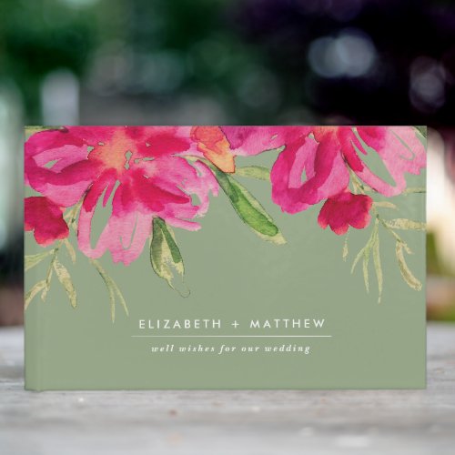 Fuchsia Green Watercolor Floral Wedding  Guest Book