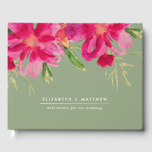Fuchsia Green Watercolor Floral Wedding Guest Book