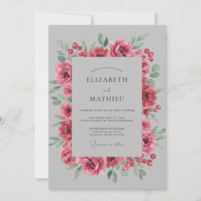 Fuchsia Grey Petal Wedding Invitation (Front)