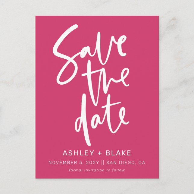 Fuchsia Handwritten Modern Save the Date Announcement Postcard (Front)