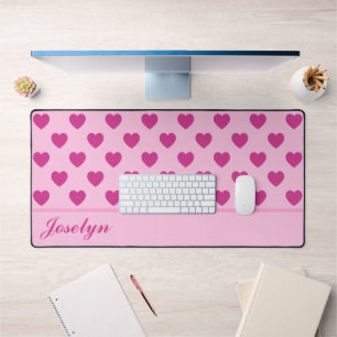 Fuchsia Heart Pattern Handwritten Name Pink Desk Mat