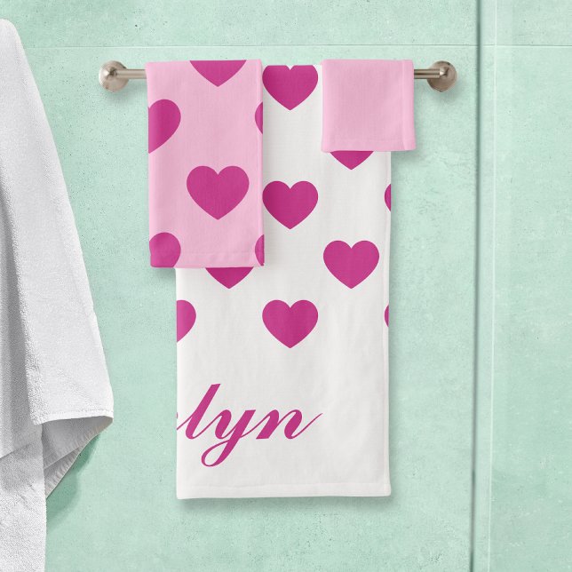 Fuchsia Heart Pattern y2k Pink Preppy Bath Towel Set (Creator Uploaded)