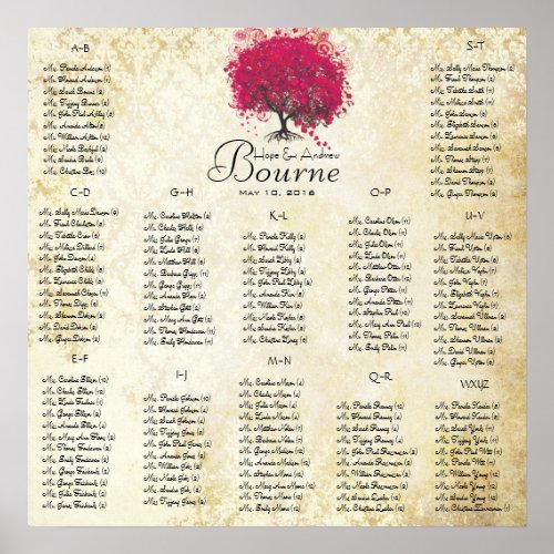 Fuchsia Heart Tree 100 to 150 guests alphabetical Poster