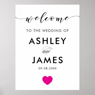 Fuchsia Heart Wedding Welcome Sign, Hot Pink Poster