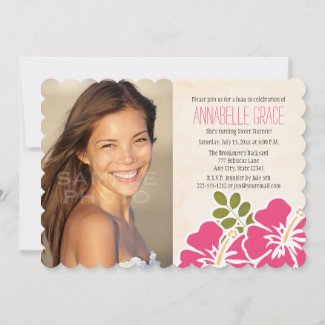 Fuchsia Hibiscus Hawaiian Luau Sweet 16 Photo Invitation