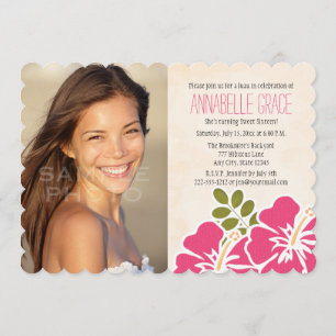 Fuchsia Hibiscus Hawaiian Luau Sweet 16 Photo Invitation