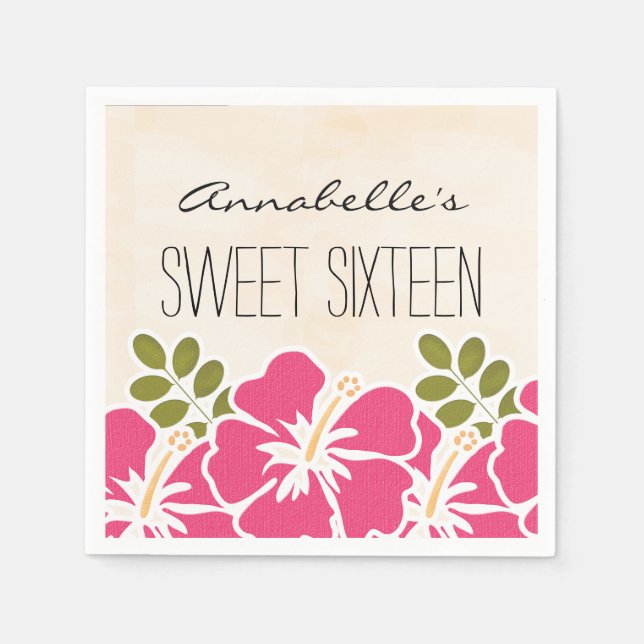 Fuchsia Hibiscus Hawaiian Sweet 16 Birthday Party Paper Napkins (Front)