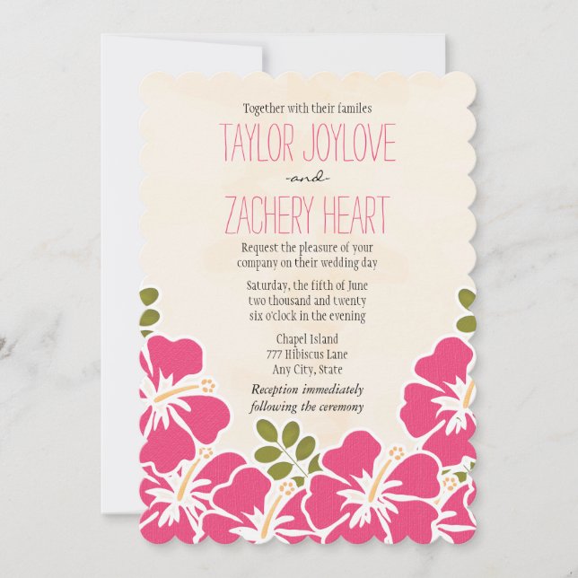 Fuchsia Hibiscus Hawaiian Wedding Invitations (Front)
