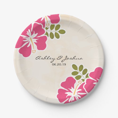 Fuchsia Hibiscus Hawaiian Wedding Paper Plates