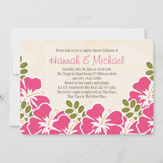 Fuchsia Hibiscus Tropical Themed Couples Shower Invitation (Front)