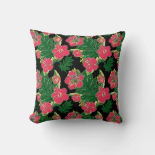 Fuchsia Hibiscus with Banana Leaf Motif Throw Pillow