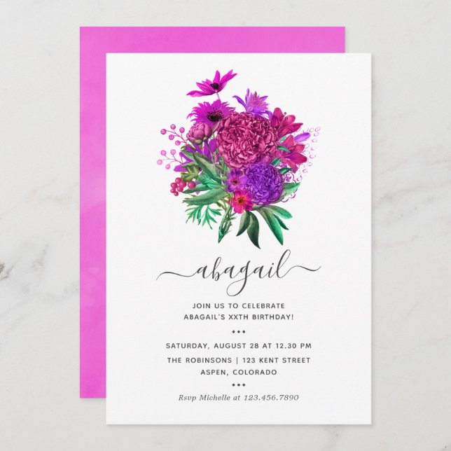 Fuchsia Hot-Pink and Purple Shabby Floral Birthday Invitation (Front/Back)