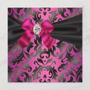 Fuchsia Hot Pink Black Damask Party Invitation