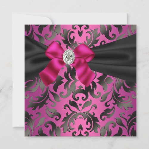 Fuchsia Hot Pink Black Damask Party Invitation
