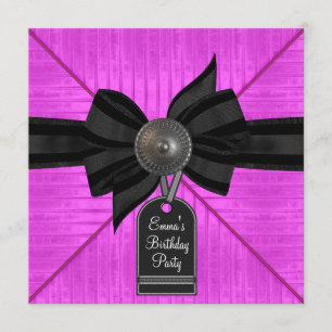 Fuchsia Hot Pink Black Womans Birthday Party Invitation