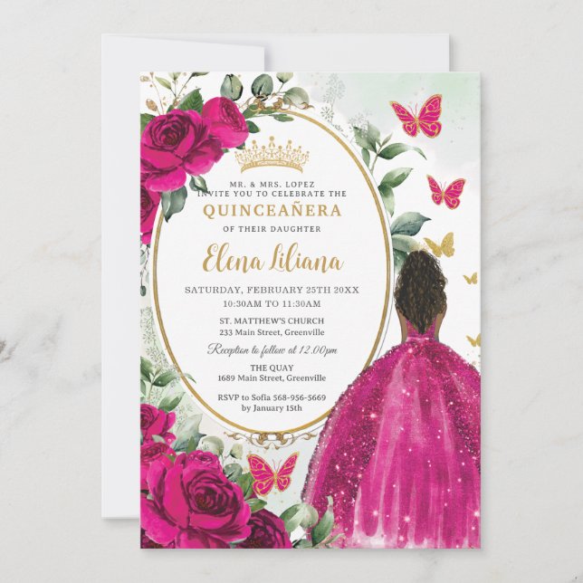 Fuchsia Hot Pink Floral Brown Princess Quinceañera Invitation (Front)