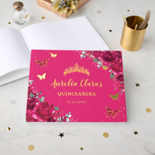 Fuchsia Hot Pink Floral Butterflies QUINCEAÑERA 16 Foil Guest Book