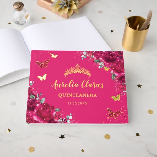 Fuchsia Hot Pink Floral Butterflies QUINCEA&#209;ERA 16 Foil Guest Book