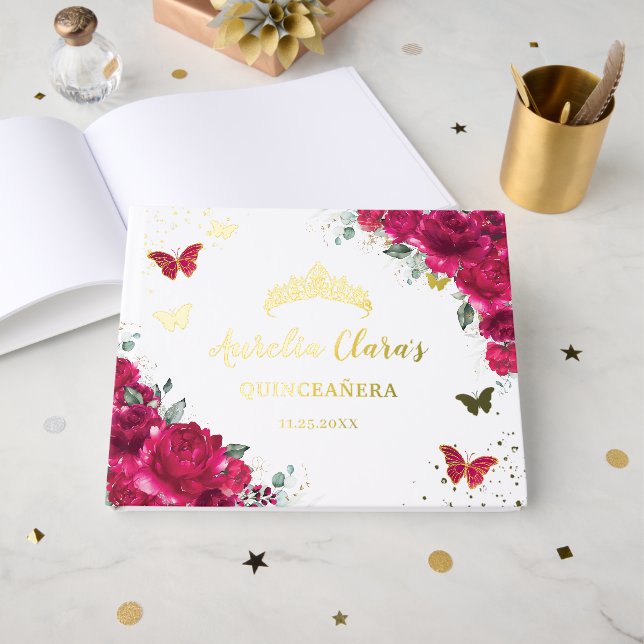 Fuchsia Hot Pink Floral Butterflies QUINCEAÑERA Foil Guest Book (Front Open)