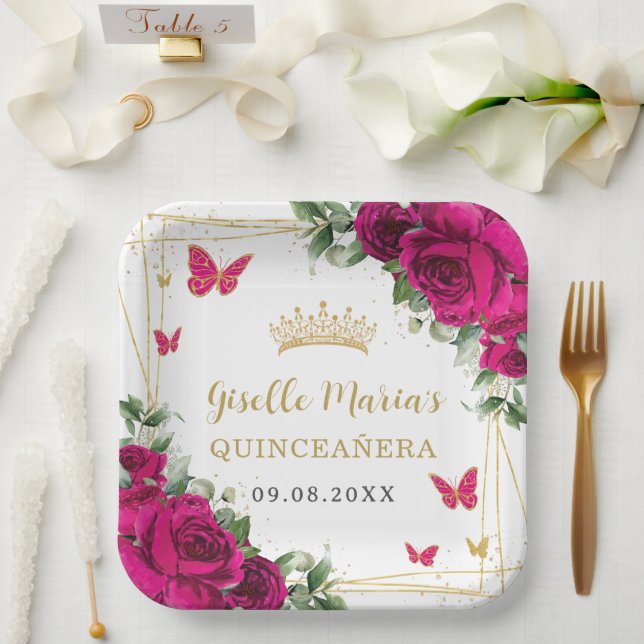 Fuchsia Hot Pink Floral Butterflies Quinceañera Paper Plates (Wedding)