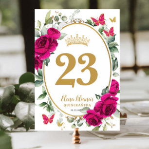 Fuchsia Hot Pink Floral Butterflies Quinceanera XV Table Number