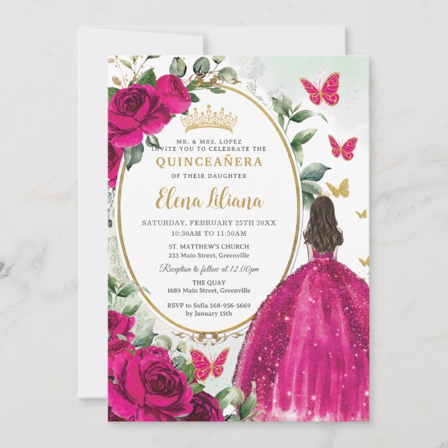 Fuchsia Hot Pink Floral Princess Gold Quinceañera Invitation (Front)