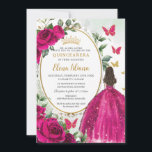 Fuchsia Hot Pink Floral Princess Gold Quinceañera Invitation<br><div class="desc">Personalize this elegant fuchsia hot pink floral Quinceañera / Sweet 16 birthday invitation easily and quickly. Simply click the customize it further button to edit the texts, change fonts and fonts colors. Featuring a girl dressed in a beautiful glittery fuchsia ball gown, vibrant fuchsia roses, butterflies and a gold trimmed...</div>