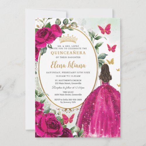 Fuchsia Hot Pink Floral Princess Gold Quinceaera Invitation