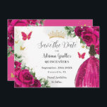 Fuchsia Hot Pink Floral Princess Gold Quinceañera Save The Date<br><div class="desc">Personalize this pretty fuchsia hot pink floral Quinceañera / Sweet 16 birthday save the date easily and quickly. Simply click the customize it further button to edit the texts, change fonts and fonts colors. Featuring a girl dressed in a beautiful glittery fuchsia ball gown, vibrant fuchsia roses, butterflies and gold...</div>