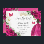 Fuchsia Hot Pink Floral Princess Gold Quinceañera Save The Date<br><div class="desc">Personalize this pretty fuchsia hot pink floral Quinceañera / Sweet 16 birthday save the date easily and quickly. Simply click the customize it further button to edit the texts, change fonts and fonts colors. Featuring a girl dressed in a beautiful glittery fuchsia ball gown, vibrant fuchsia roses, butterflies and gold...</div>