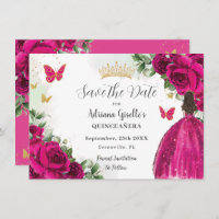 Fuchsia Hot Pink Floral Princess Gold Quinceañera