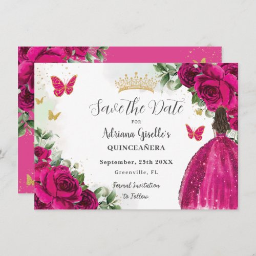 Fuchsia Hot Pink Floral Princess Gold Quinceaera Save The Date