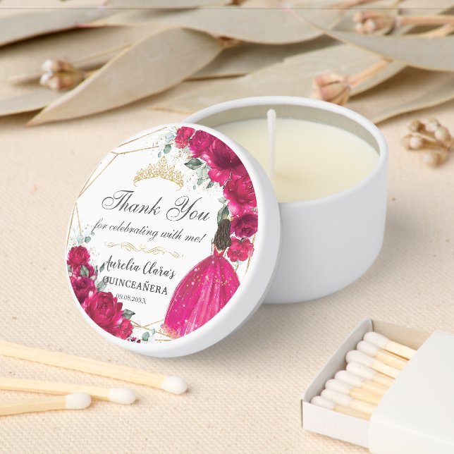 Fuchsia Hot Pink Floral Princess XV Quinceanera  Mini Candle Favors (Insitu)