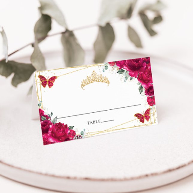Fuchsia Hot Pink Floral Quinceañera 16th Birthday Place Card (Creator Uploaded)