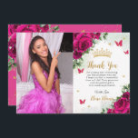 Fuchsia Hot Pink Floral Quinceañera Sweet 16 Photo Thank You Card<br><div class="desc">Personalize this boho chic vibrant fuchsia / hot pink floral Quinceañera / Sweet 16 birthday picture thank you card easily and quickly. Simply click the customize it further button to edit the texts, change fonts and fonts colors. Featuring beautiful vibrant fuchsia roses and fuchsia and gold butterflies. Matching items available...</div>