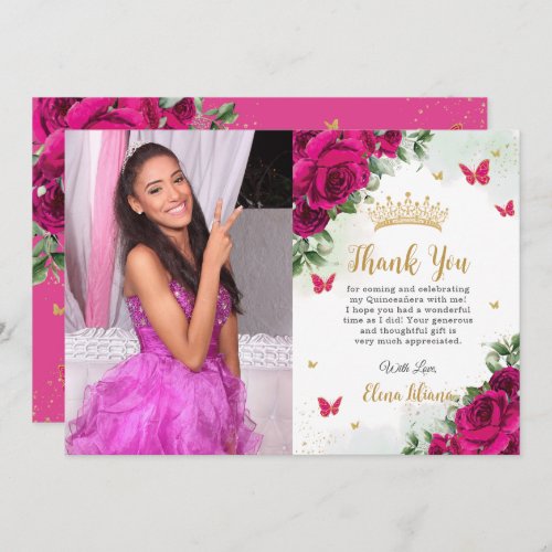 Fuchsia Hot Pink Floral Quinceaera Sweet 16 Photo Thank You Card